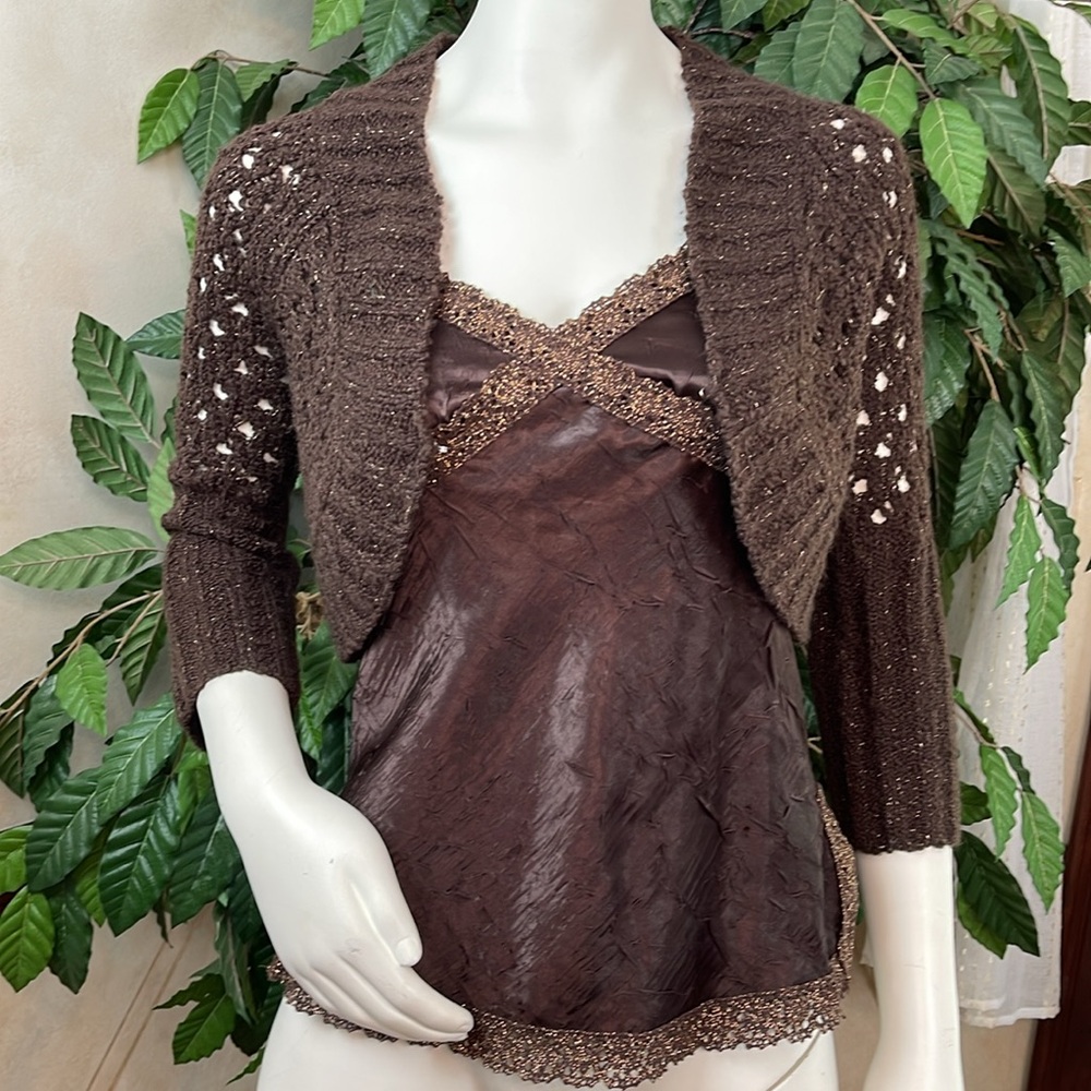 MIXIT BROWN METALLIC THREAD SHRUG WITH MATCHING CAMISOLE